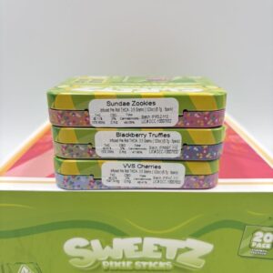 Colorful candy-themed packaging of SWEETZ Pixie Sticks Pre Rolls showing five mini pre-rolls in a 3.5g pack