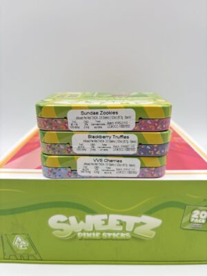Colorful candy-themed packaging of SWEETZ Pixie Sticks Pre Rolls showing five mini pre-rolls in a 3.5g pack